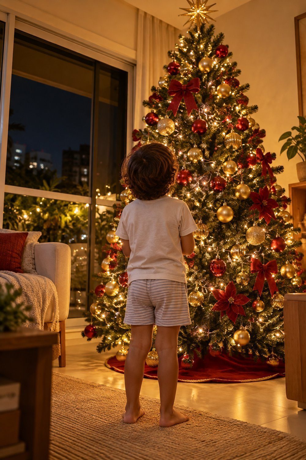Ensaio de Natal em Família Criança vista de costas admirando a árvore iluminada fotografada de baixo