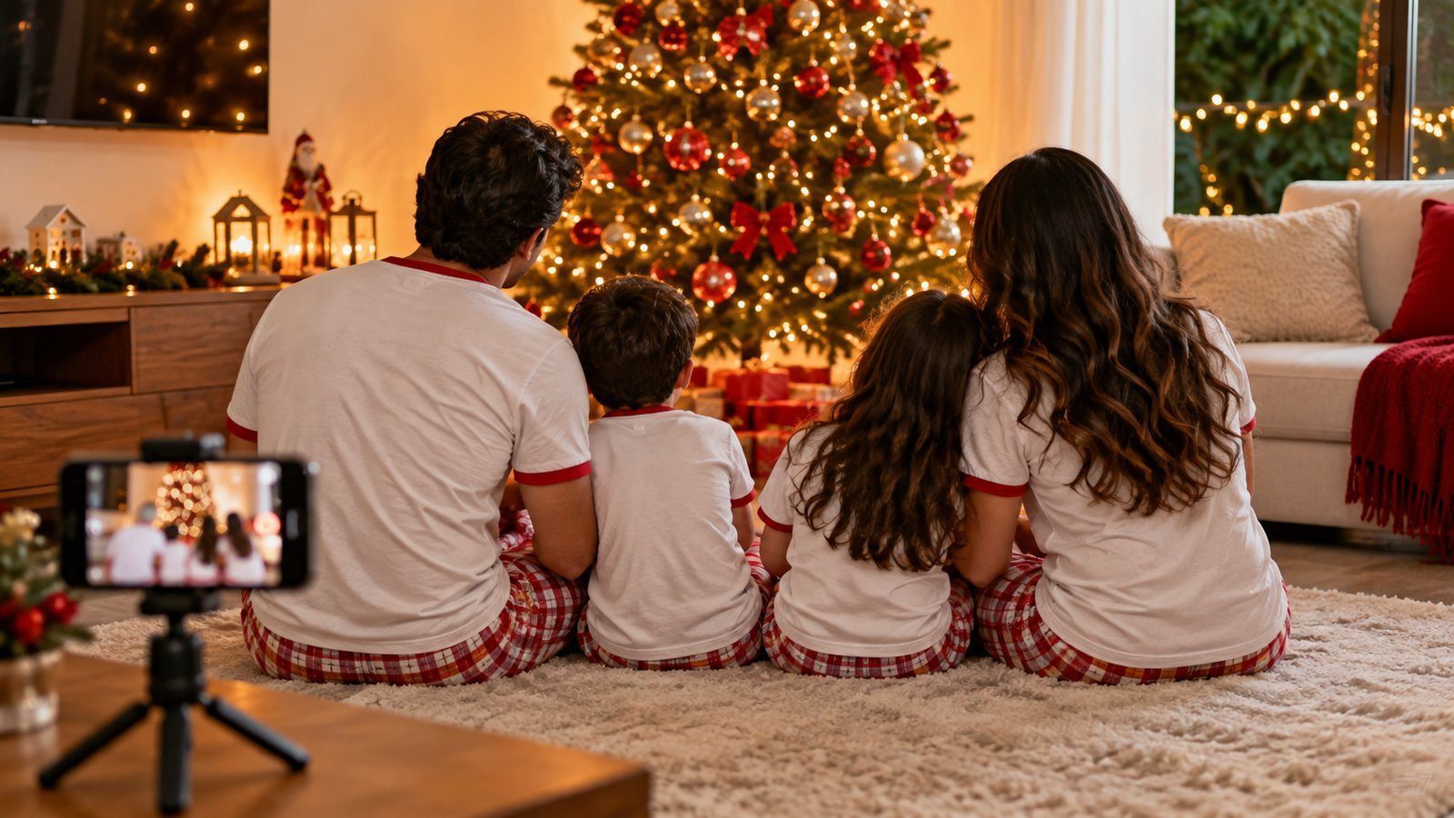 Ensaio de Natal em Família Família de costas com pijamas diante da árvore e celular no tripé