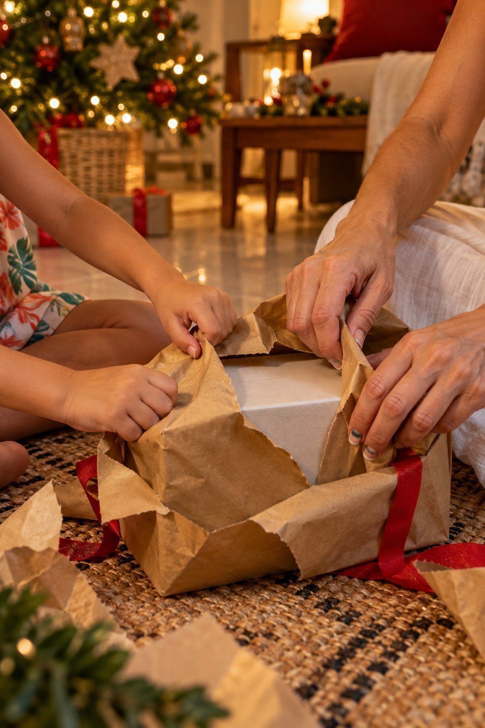 Ensaio de Natal em Família Mãos de criança abrindo presente acompanhadas pelas mãos de um adulto