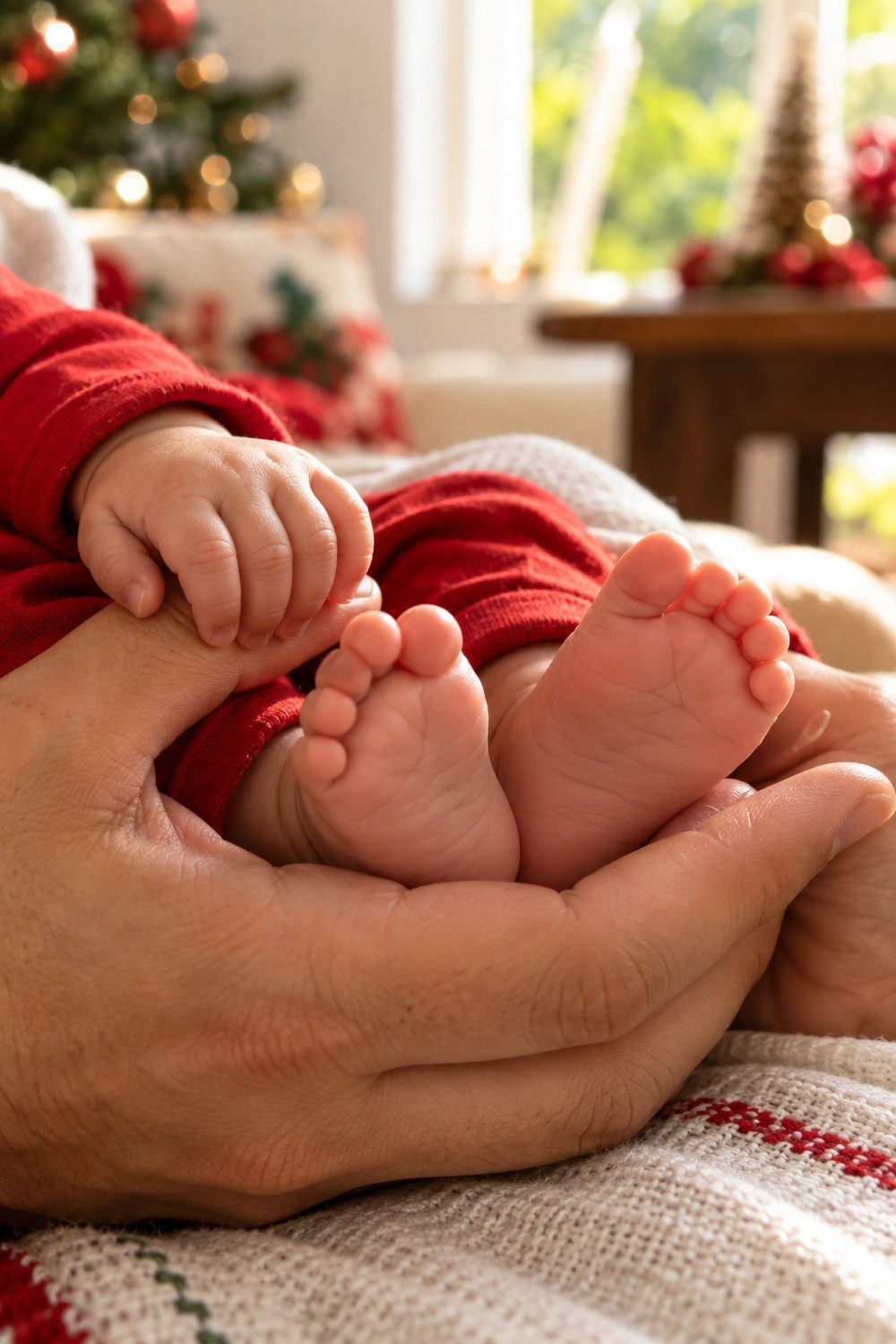 Ensaio de Natal em Família Mãos de adulto envolvendo os pezinhos do bebê com roupa natalina