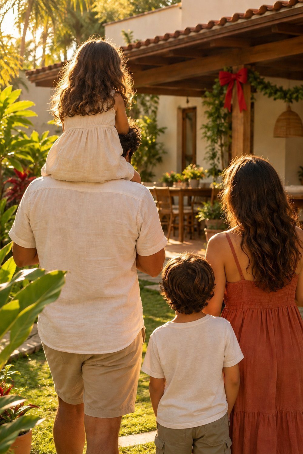 Ensaio de Natal em Família Família de costas com criança nos ombros no quintal ao entardecer