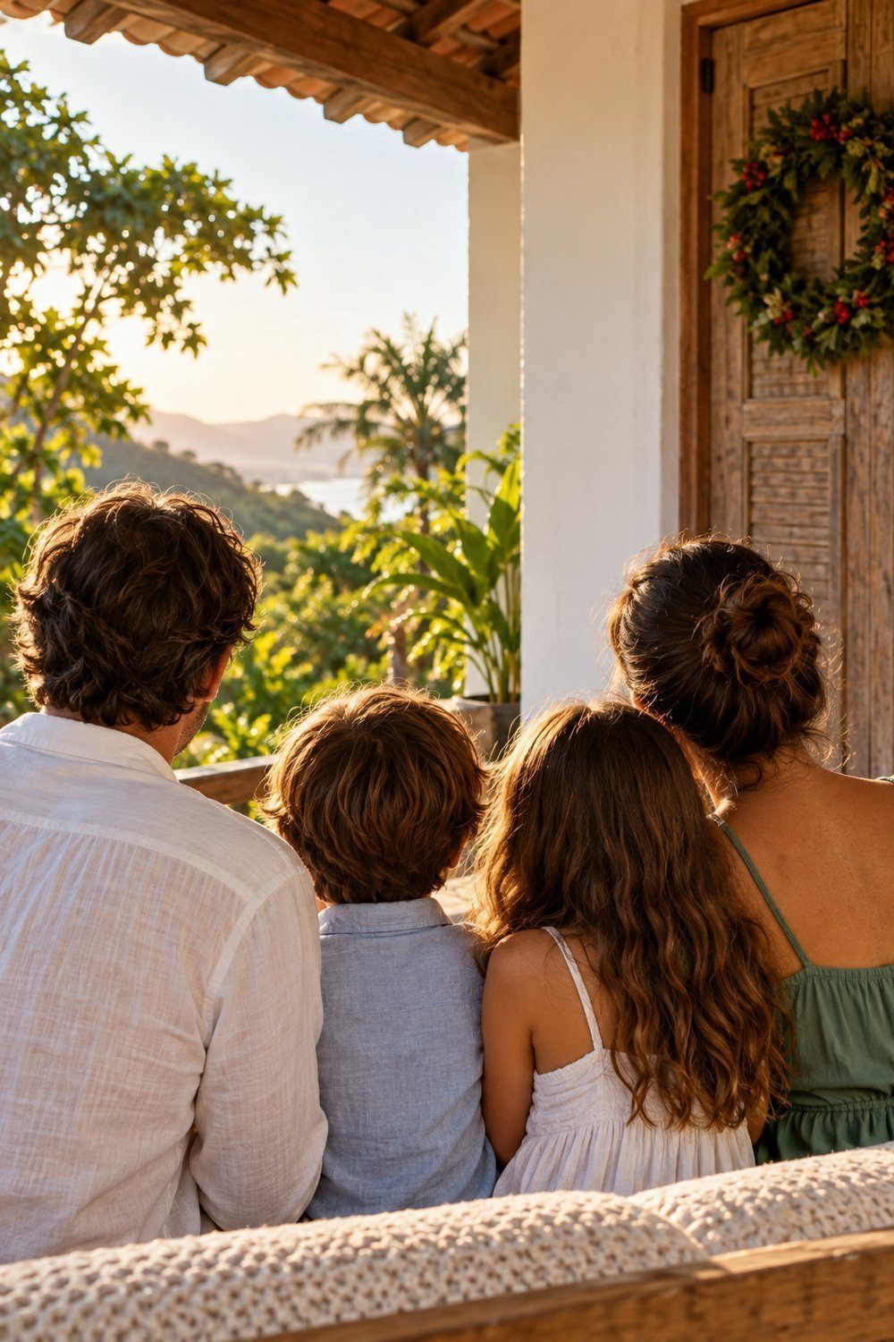 Ensaio de Natal em Família Ombros e mãos da família na varanda com iluminação lateral dourada
