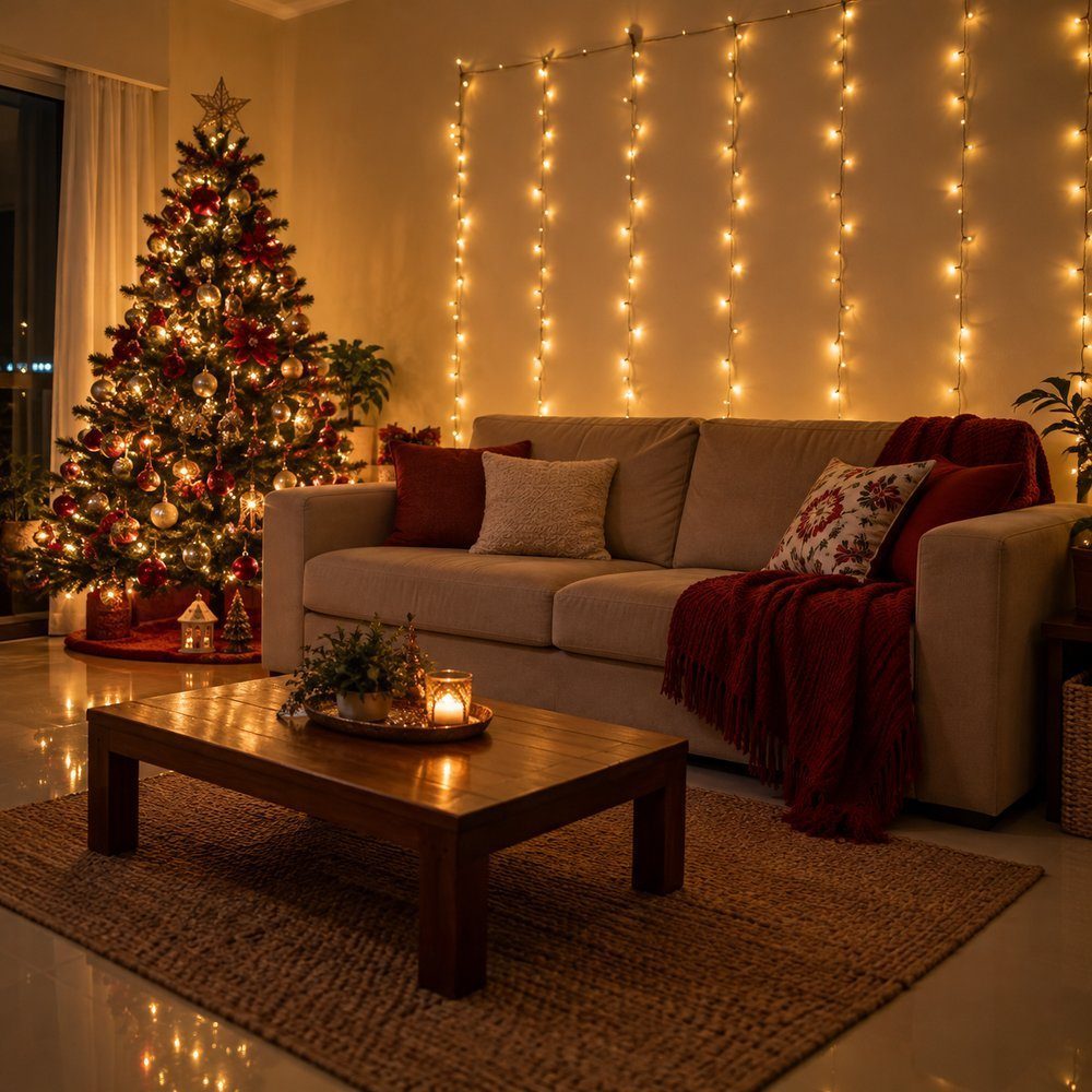 Ensaio de Natal em Família Pisca-pisca pendurado na parede atrás do sofá, a cerca de um metro, com a árvore acesa