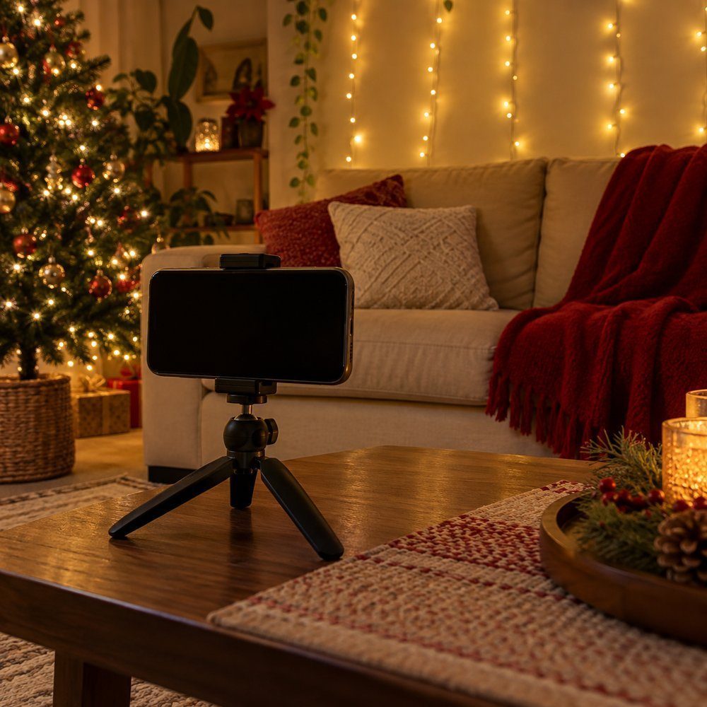 Ensaio de Natal em Família Celular num pequeno tripé sobre a mesa de centro, apontado para o sofá com as luzes atrás