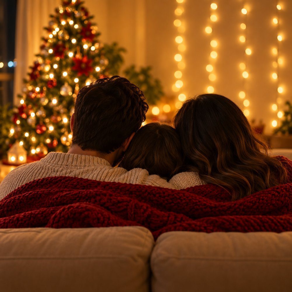 Ensaio de Natal em Família Família de costas no sofá com as luzes de Natal transformadas em círculos desfocados